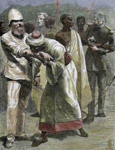 Kissing Prints: African native kissing the arm of an European settler. Colored engraving of 1887