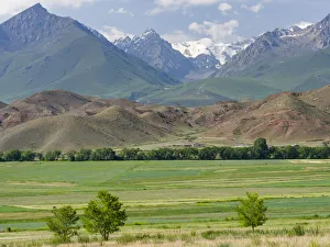 Agriculture near lake Issyk-Kul. Tien Shan mountains or heavenly mountains in Kirghizia