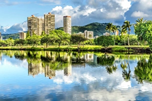 Images Dated 24th January 2024: Ala Wai Canal reflection, Honolulu, Oahu, Hawaii