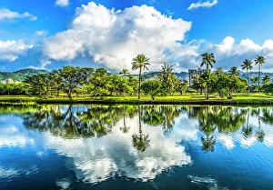 Images Dated 24th January 2024: Ala Wai Canal reflection Waikiki, Honolulu, Oahu, Hawaii