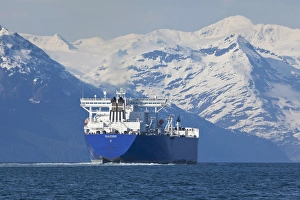 Valdez Prints: Alaska, Prince William Sound, an empty oil tanker, enters Valdez Narrows inbound