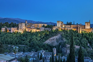 Granada Prints: Albaicin, Province of Granada, Andalusia, Spain. Evening view of the Alhambra