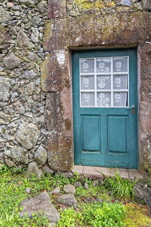 Abode Prints: Aldeia da Cuada, Flores, Azores, Portugal. Blue door on a stone building