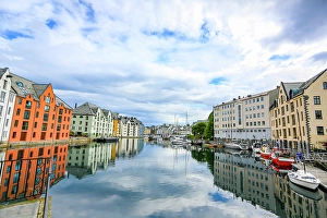 Marina Prints: Alesund, Norway. Colorful painted buildings and marina