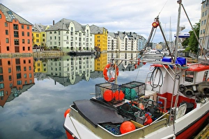 Buoy Prints: Alesund, Norway. Fishing boat and canal water reflection