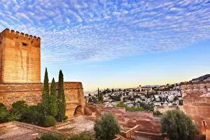 Granada Prints: Alhambra Castle Morning Sky ityscape Walls Granada Churches Andalusia Spain