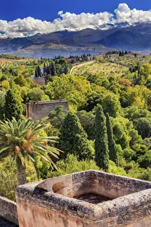 Spain Prints: Alhambra Castle Tower Cityscape Churches Granada Andalusia Spain
