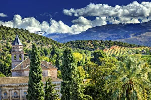 Spain Collection: Alhambra Church Castle Towers Farm Mountains Granada Andalusia Spain