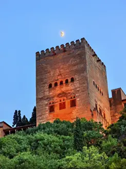 Spain Prints: Alhambra Tower Moon from Walking Street Del Darro Albaicin Granada Andalusia Spain
