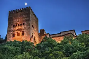 Granada Prints: Alhambra Tower Moon from Walking Street Del Darro Albaicin Granada Andalusia Spain