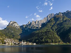 Dolomite Prints: Alleghe at Lago di Alleghe under the peak of Civetta, an icon of the dolomites in