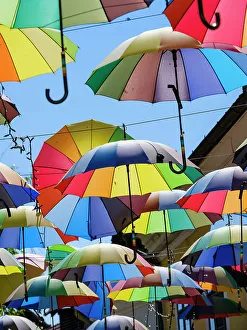 Prints of Alley of the Old Town with umbrellas. The town Szentendre near Budapest. East Europe, Hungary Images Dated 2022 May: Alley of the Old Town with umbrellas