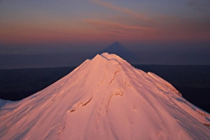 Alpenglow on Summit of Mt Taranaki / Mt Egmont at Dawn, and Shadow, Taranaki, North Island