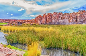 Oasis Prints: Altiplano, Bolivia, Landscape view of box canyon containing marshes and peatlands