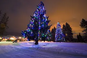 Amazing dusk light and Christmas lights at the Whitefish Lake Golf course in Whitefish