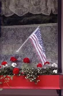 American flag and flower box