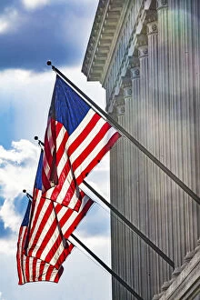 Architecture Collection: American flags at Herbert Hoover Building, Washington DC, USA