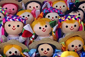 Fabric Prints: Americas, Mexico, Guanajuato. Handmade dolls dressed in traditional costumes of Guanajuato