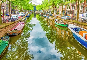 Bicycle Prints: Amsterdam, Netherlands. Wide angle view of houseboats