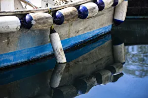 Prints of Anacortes, Washington State, USA, blue wooden boat Images Dated 2020 March: Anacortes, Washington State, USA, blue wooden boat