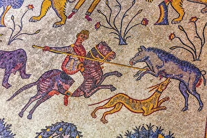 : Ancient 6th Century mosaic, Mount Nebo, Jordan. Where Moses saw holy land and buried