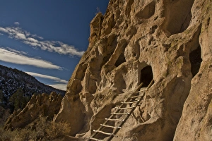 Abode Prints: Ancient Pueblo, reconstructed ladder, Bandelier National Monument, New Mexico, USA