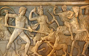 Italy Collection: Ancient Roman Hunt Sculpture Burial Box Details Capitoline Museum Rome Italy Resubmit--In