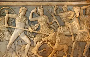 Roman Prints: Ancient Roman Hunt Sculpture Burial Box Details Capitoline Museum Rome Italy Resubmit--In