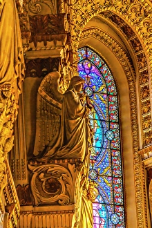 Stained Glass Prints: Angel statue colorful stained glass