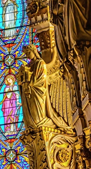 Stained Glass Prints: Angel statue colorful stained glass