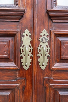 Terceira Prints: Angra do Heroismo, Terceira Island, Azores, Portugal. Brass handles on old wooden doors