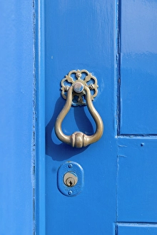 Terceira Prints: Angra do Heroismo, Terceira Island, Azores, Portugal. Brass knocker on a blue painted door