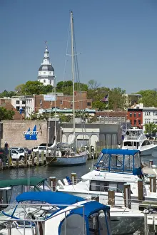 Maryland Prints: Annapolis city docks, with historic State Capitol Building in distance (also known as State House)