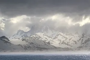 Images Dated 17th January 2020: Antarctica, South Georgia Island, Coopers Bay. Storm clouds over mountains