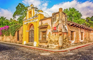 Antigua Prints: Antigua, Guatemala. Wide angle landscape view of 17th century Chapel Way of the Cross station in Street of the Steps
