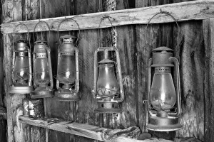 Gold Rush Prints: Antique lanterns, Bodie State Historic Park viewed through window, California
