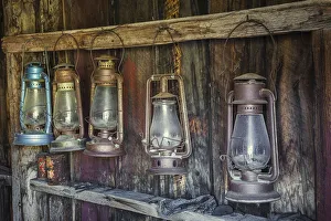 Gold Rush Prints: Antique lanterns, Bodie State Historic Park viewed through window, California
