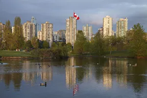 Images Dated 22nd April 2010: Apartments reflected in Vanier Park Pond, Vancouver, British Columbia, Canada