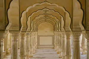 Arched walkway with columns inside Amber Palace, Jaipur, Rajasthan, India