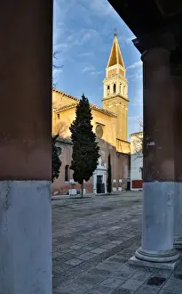 Carnival Prints: Arches and view of Bell Tower San Francesco church Venice Italy