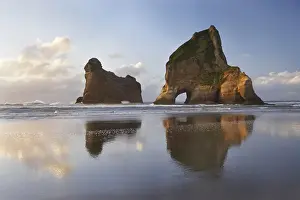 Shoreline Prints: Archway Islands Reflected in Wet Sands of Wharariki Beach, near Cape Farewell, North
