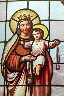 Jesus Prints: Argentina, Buenos Aires. Stained glass window depicting the Virgin Mary and Jesus