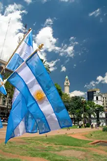 Buenos Aires Prints: Argentina flags at the Plaza de Mayo in Buenos Aires, Argentina