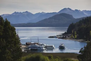 Lake District Prints: Argentina, Rio Negro Province, Llao Llao. Lake Nahuel Huapi tourboats, Puerto Panuelo