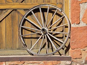 Wagon Wheel Prints: Arizona, Jordan Historical Park. Sedona Heritage Museum, old wagon wheel close-up