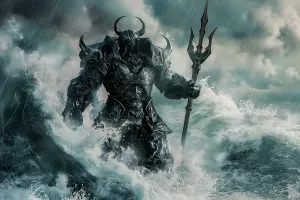 Rising Prints: Armored alien warrior in ocean with triton. (AI Generated)