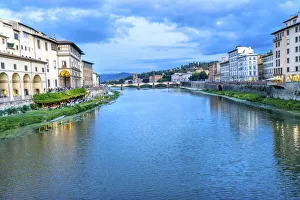 William Perry Prints: Arno River Ponte Alle Grazie evening, Florence, Italy. View from Ponte Vecchio