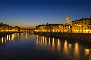 Italy Prints: The Arno River and Ponte Vecchio at night, Florence, Tuscany, Italy