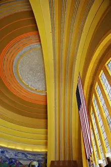 Art deco architectural details and American flag in rotunda of Cincinnati Museum