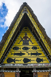 Detail art work in an old bai, a chiefs house on the Island of Babeldoab, Palau